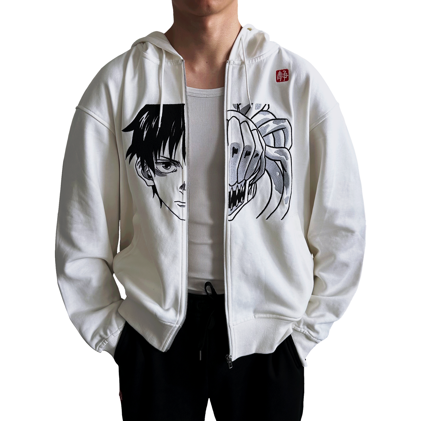 White 'JJK 0' Zip-Up Hoodie