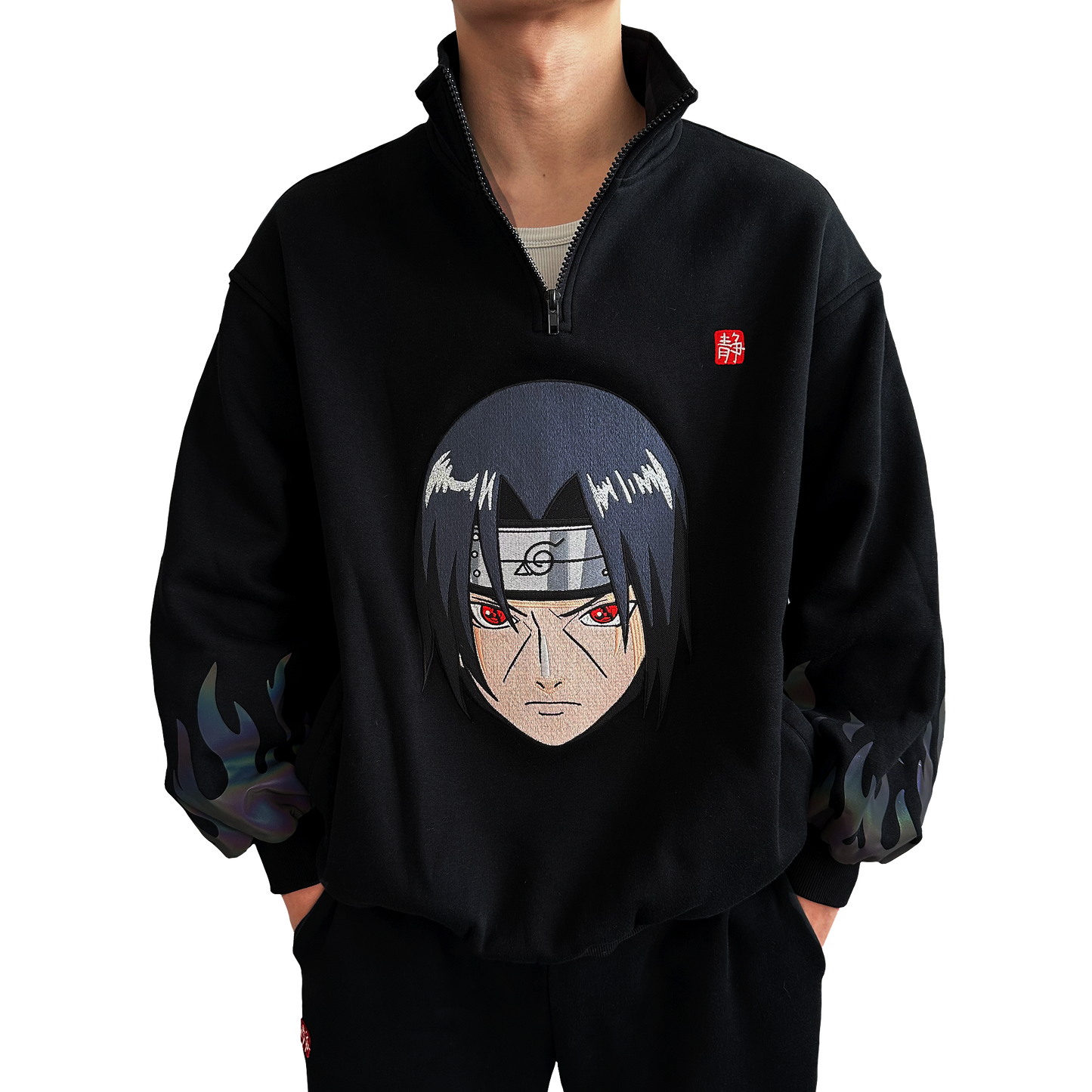 Black 'Amaterasu' Reflective Fleece Half-Zip